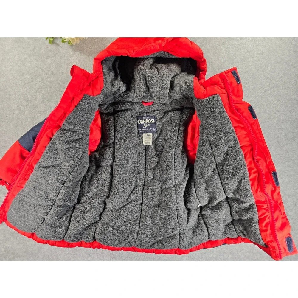 OshKosh B'gosh Toddler Boys Red Navy Colorblock Hooded Winter Puffer Jacket‎ 18M